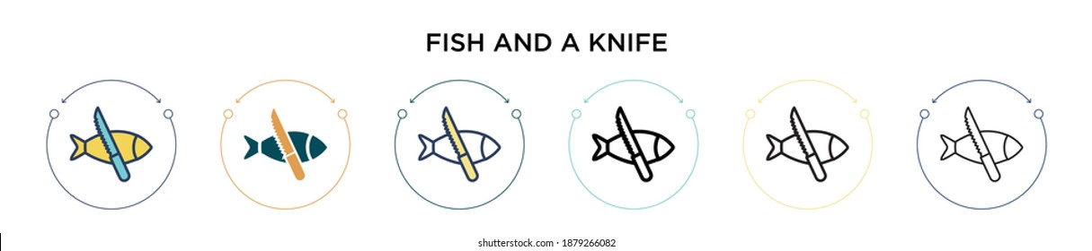 Fish and a knife icon in filled, thin line, outline and stroke style. Vector illustration of two colored and black fish and a knife vector icons designs can be used for mobile, ui, web