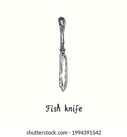 Fish knife with retro style decor. Ink black and white drawing  woodcut vintage style  illustration