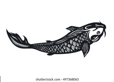 Fish Koi Carp. Chinese symbol of good luck, courage, persistence, perseverance, wisdom and vitality. Vector illustration. Hand drawn.