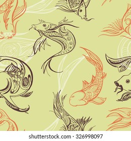Fish koi carp on orange background, liner hand sketch pattern