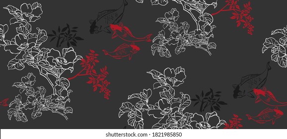 fish koi japanese chinese design sketch ink paint style seamless