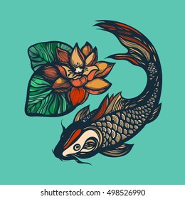 Fish koi and lotus flower. Print Chinese style. Chinese symbol of good luck, courage, persistence, perseverance, wisdom and vitality. Vector illustration. Hand drawn.
