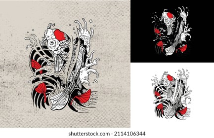 fish koi vector illustration black and white