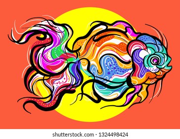 Fish koki brush drawing vector illustration