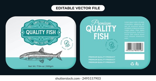 Diseño de embalaje de etiqueta de pescado, diseño de etiqueta de mariscos premium, logotipo de silueta de lubina de alta calidad ilustración de archivo de Vector editable para impresión de alta calidad archivo de Plantilla de pegatina listo para imprimir