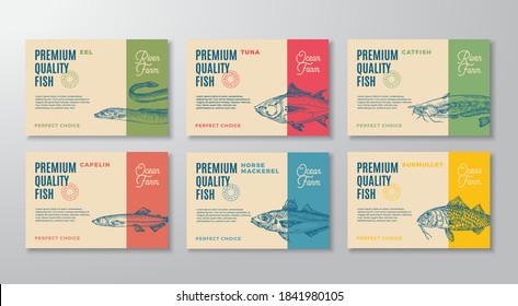 Fish Labels Set. Abstract Vector Packaging Design Layouts Collection. Modern Typography and Hand Drawn Fish Sketch Silhouettes Backgrounds with Soft Shadows. Isolated.