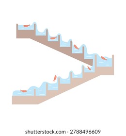 Fish ladder structure icon beside dam. Flat vector illustration concept of floating river. Hydraulic structure built alongside or inside artificial barriers such as dams, weirs, and culverts.