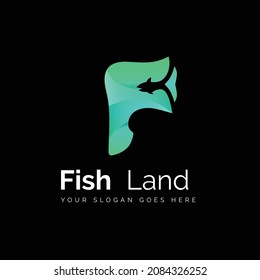 Logo de la tierra de los peces con letra F e icono del pez. Adecuado para la Industria Creativa, Multimedia, entretenimiento, Educación, Tienda, cualquier negocio relacionado.