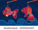 Fish lantern, Mid-Autumn Festival, traditional Vietnamese handcraft lantern, moon festival clip art. Vector illustration, 3D art. Cartoon style.