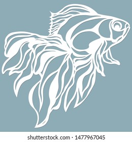 fish for laser cutting. Suitable for cutting from paper, wood metal. For the design of postcards, menus and interior details. Vector illustration. Sticker. Pattern for the laser cut, plotter and scree