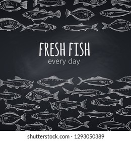 Fish layout. Vector page design seafood design with bream, mackerel, tunny or sterlet, codfish and halibut. Outline icon tilapia, ocean perch, sardine, anchovy, sea bass and dorado. Chalkboard style.