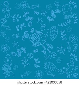 Fish and leaves doodle art with blue backgrounds