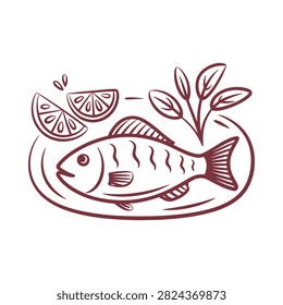 Fish with lemon and herbs reddish brown line drawing illustration