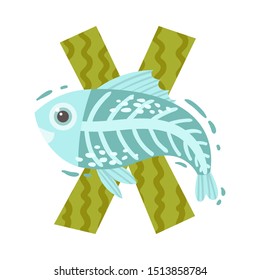 Fish and the letter X. Vector illustration on a white background.