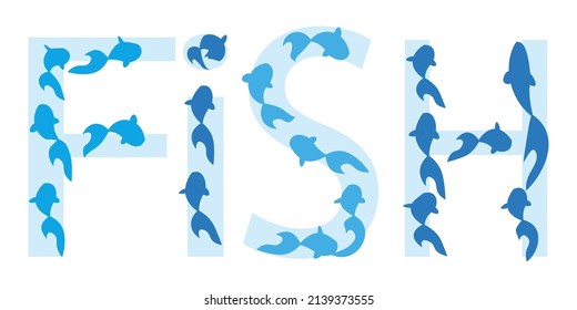 Pescado con letras en colores azules, letras decoradas con peces de fondo blanco.Palabra de pescado, logotipo. Adecuado para publicidad, tiendas de mariscos, productos, elemento de diseño de pescado para banner, menú y afiche 