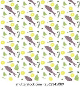 Fish with lettuce leaves, lemon slices and olives. Vector hand drawn flat food seamless pattern, traditional  Greek cuisine.
