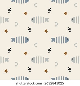 Peixe luz azul desenho animado tão bonito. No fundo de bolhas de estrelas-do-mar de algas. Ilustração de vetor uniforme de padrão. 