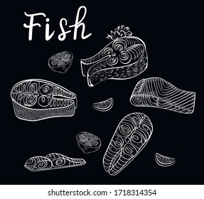 Pescado, limón, tiza vectorial elementos de diseño aislados sobre fondo negro. Concepto de logotipo, menú, tarjetas 