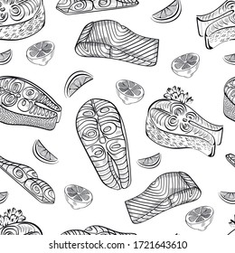 Fish, limon food vector seamless pattern on white background. Concept for wallpaper, wrapping paper, menu 