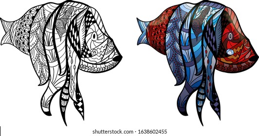 Fish line art design for coloring book for adult, tattoo, T shirt design, element for design and so on. Colorful fish zentangle with long hair.