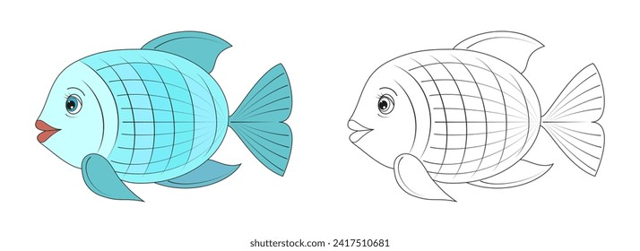 Fish line and color illustration. Cartoon vector illustration for coloring book.