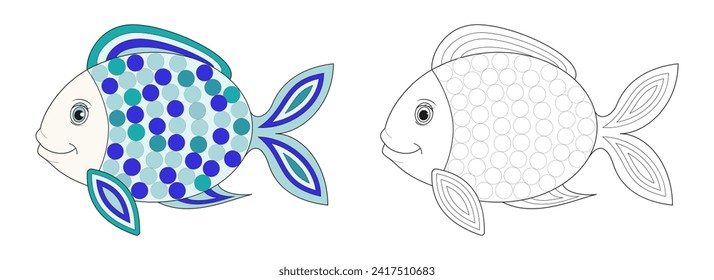 Fish line and color illustration. Cartoon vector illustration for coloring book.