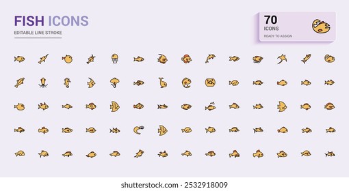 Fish line colorful icons set. Collection of outline types filled color sign. Editable stroke. Pixel perfect symbol pack. Vector illustration.