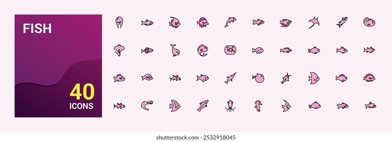 Fish line colorful icons set. Collection of outline types filled color sign. Editable stroke. Pixel perfect symbol pack. Vector illustration.