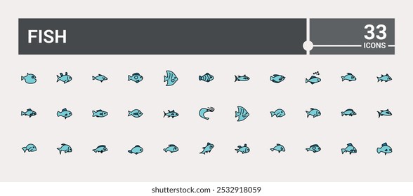 Fish line colorful icons set. Collection of outline types filled color sign. Editable stroke. Pixel perfect symbol pack. Vector illustration.