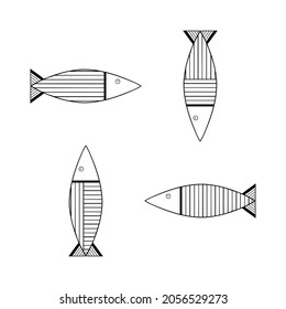 Fish line design for adults and kids coloring book, tattoo, t-shirt design, design element. Primitive drawing. Contour fish.