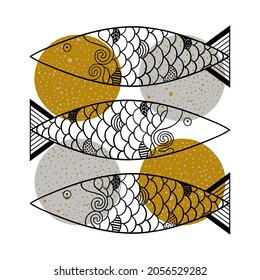 Fish line design for adults and kids coloring book, tattoo, t-shirt design, design element. Primitive drawing. Contour fish.