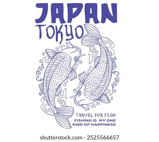 Desenho de linha de peixe. Japão arte. Tóquio, Japão koi peixe mão desenho vetor ilustração. Impressão de peixe para t-shirt gráfica e outros usos. Animal subaquático.