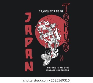 Desenho de linha de peixe.  Impressão de peixe para t-shirt gráfica e outros usos. Animal subaquático. Japão arte. Tóquio, Japão koi peixe mão desenho vetor ilustração.