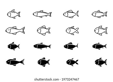 Fish line and glyph icon set. Simple outline and solid style. Sign symbol collection. Art, life, sea, pisces concept for template design. Vector illustration isolated on white background. EPS 10.