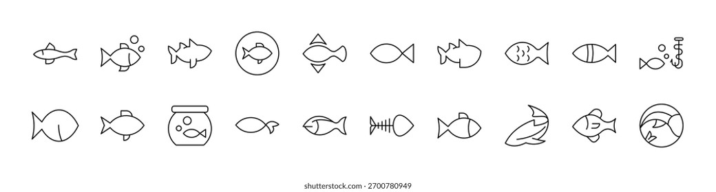 Icono de línea de pescado Colección. Signos de contorno para gráficos y Diseño web, App, anuncios, varias tarjetas