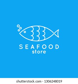 Fish line icon. Seafood store logo of fish on blue background