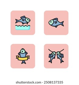 Fish line icon set. Fresh catch, marine food, fish market symbol, dried fish. Seafood concept. Can be used for topics like fishing, restaurant menu, aquarium