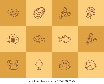 Fish line icon set. Set of line icons on white background. Maritime concept. Shell, turtle, fish, whale.  Vector illustration can be used for topics like sea, ocean