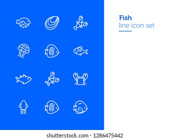 Fish line icon set. Set of line icons on white background. Maritime concept. Shell, turtle, fish, whale.  Vector illustration can be used for topics like sea, ocean