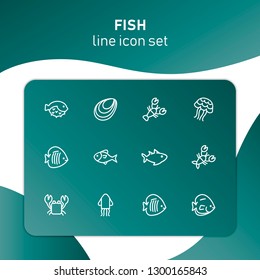 Fish line icon set. Set of line icons on white background. Maritime concept. Shell, turtle, fish, whale.  Vector illustration can be used for topics like sea, ocean