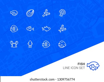 Fish line icon set. Set of line icons on white background. Maritime concept. Shell, turtle, fish, whale.  Vector illustration can be used for topics like sea, ocean