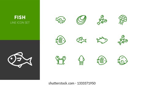 Fish line icon set. Set of line icons on white background. Maritime concept. Shell, turtle, fish, whale.  Vector illustration can be used for topics like sea, ocean