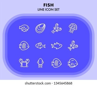 Fish line icon set. Set of line icons on white background. Maritime concept. Shell, turtle, fish, whale.  Vector illustration can be used for topics like sea, ocean