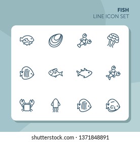 Fish line icon set. Set of line icons on white background. Maritime concept. Shell, turtle, fish, whale.  Vector illustration can be used for topics like sea, ocean