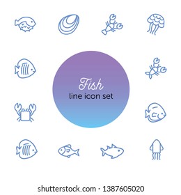 Fish line icon set. Set of line icons on white background. Maritime concept. Shell, turtle, fish, whale.  Vector illustration can be used for topics like sea, ocean