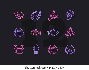 Fish line icon set. Set of line icons on white background. Maritime concept. Shell, turtle, fish, whale.  Vector illustration can be used for topics like sea, ocean