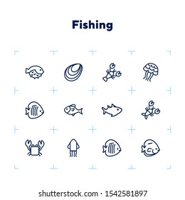 Fish line icon set. Set of line icons on white background. Maritime concept. Shell, turtle, fish, whale. Vector illustration can be used for topics like sea, ocean