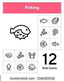 Fish line icon set. Set of line icons on white background. Maritime concept. Shell, turtle, fish, whale. Vector illustration can be used for topics like sea, ocean