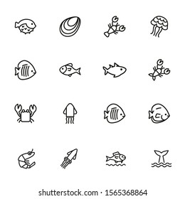 Fish line icon set. Set of line icons on white background. Maritime concept. Shell, turtle, fish, whale. Vector illustration can be used for topics like sea, ocean