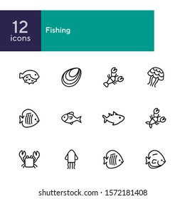 Fish line icon set. Set of line icons on white background. Maritime concept. Shell, turtle, fish, whale. Vector illustration can be used for topics like sea, ocean